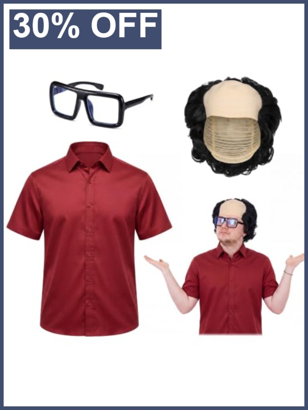 3 Pc Halloween Villain Costume Set Wig Shirt Glasses Cosplay Party